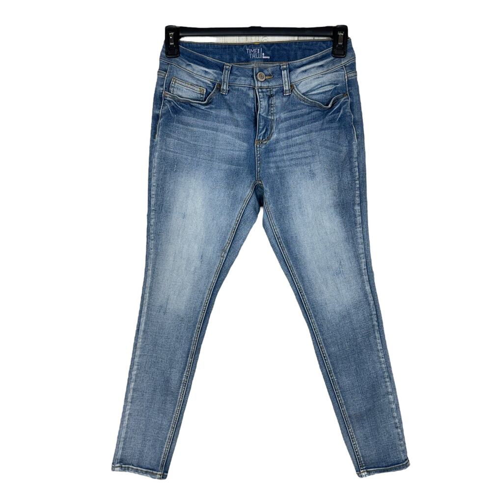 Time and Tru SZ 8 Skinny Ankle Jeans Stretch Mid-Rise Distressed Whiskered Blue